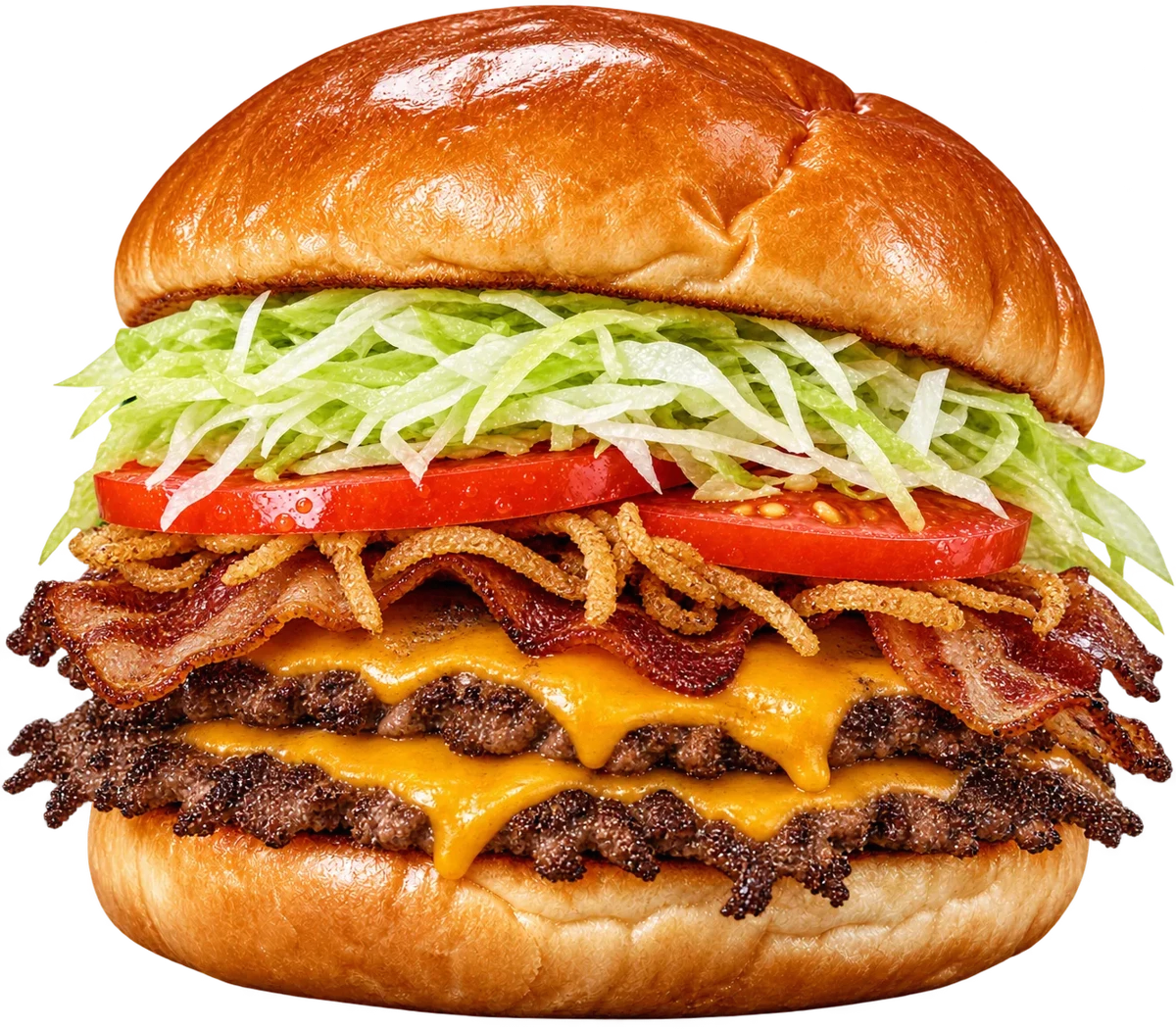 Doble smash con cheddar, panceta, cebolla crocante, tomate y lechuga