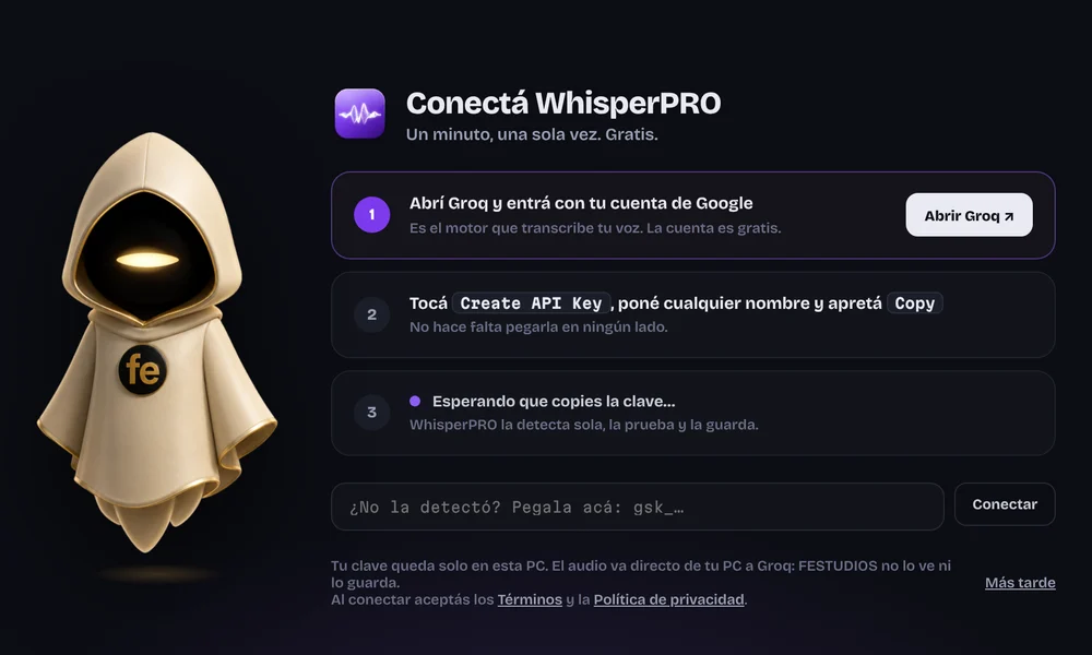 Pantalla Conectá WhisperPRO con tres pasos y el Guía