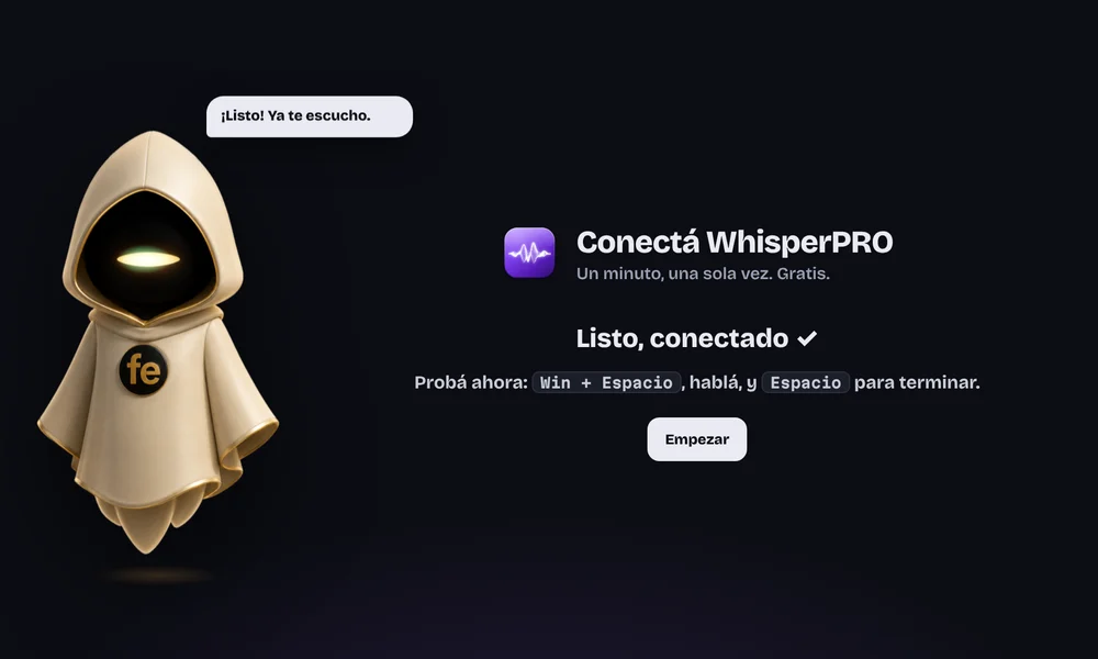 Pantalla de WhisperPRO que dice Listo, conectado