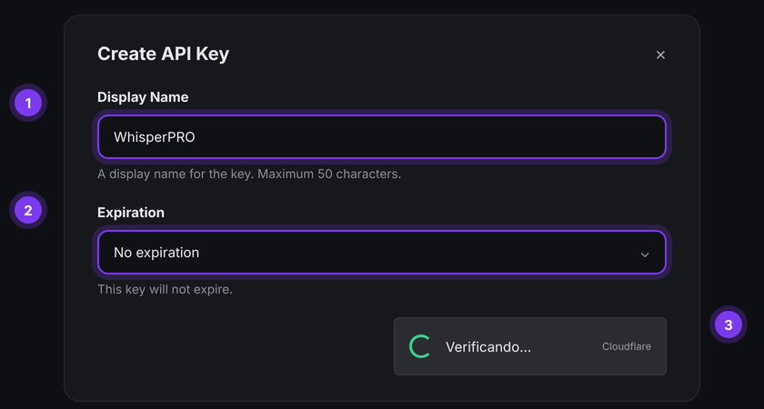 Ventana Create API Key de Groq con el nombre y la verificación de Cloudflare